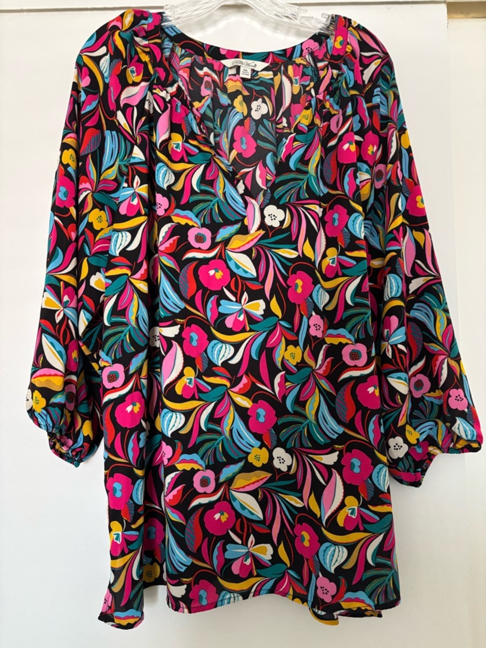 The Pioneer Woman Black Floral V-Neck Tunic with Pink, Blue & Yellow Accents